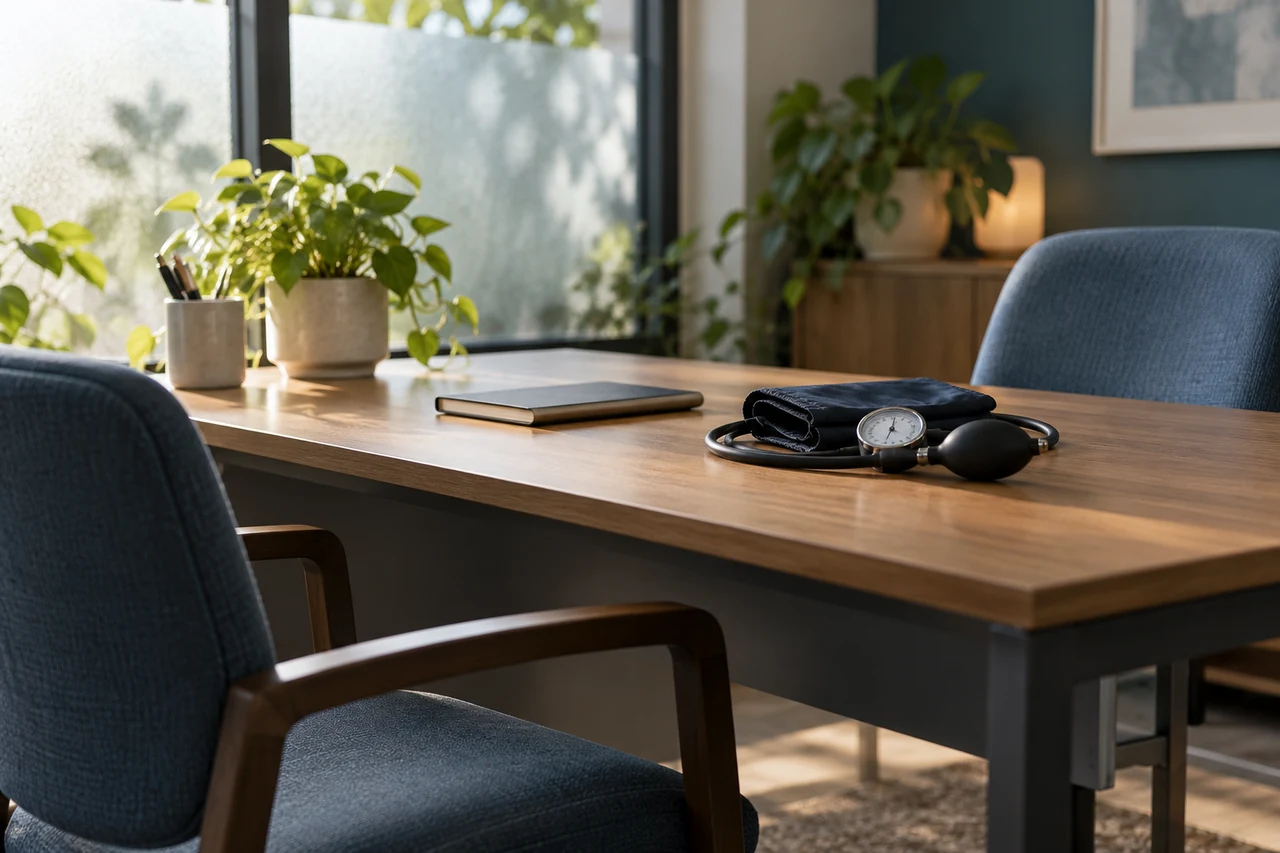 Illustrative consultation space with a blood pressure monitor.