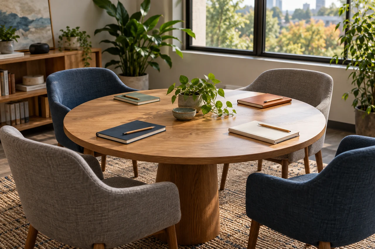Illustrative round community meeting table with notebooks and chairs.