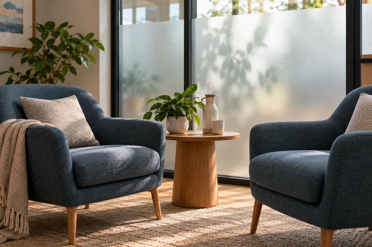 Illustrative private, welcoming conversation space with two chairs and frosted glass.