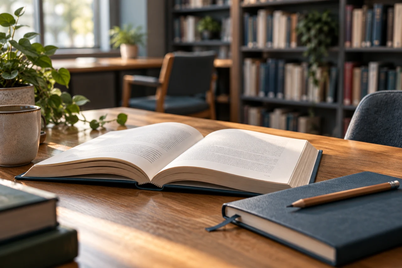 Illustrative open book and learning materials in a quiet study space.