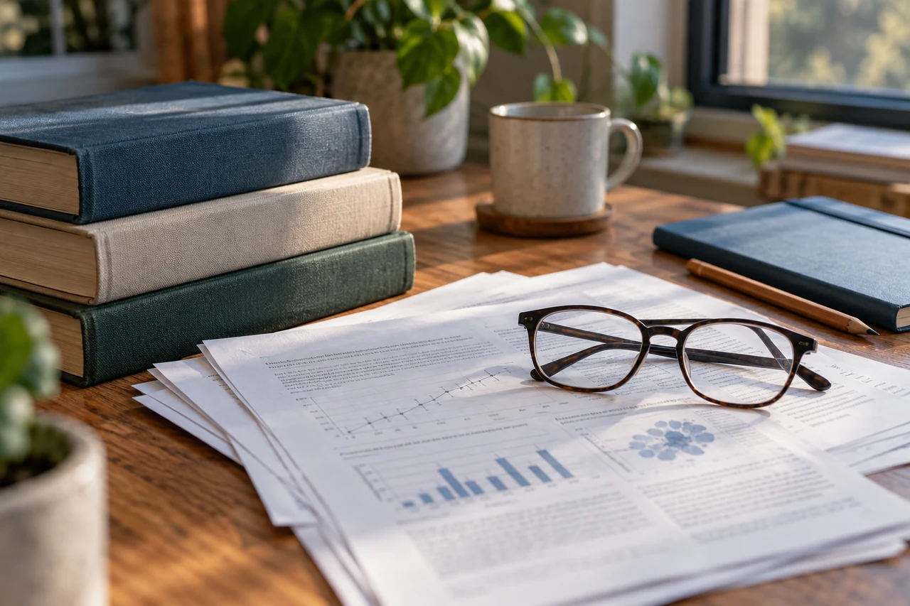 Illustrative research papers, reference books and reading glasses on a desk.