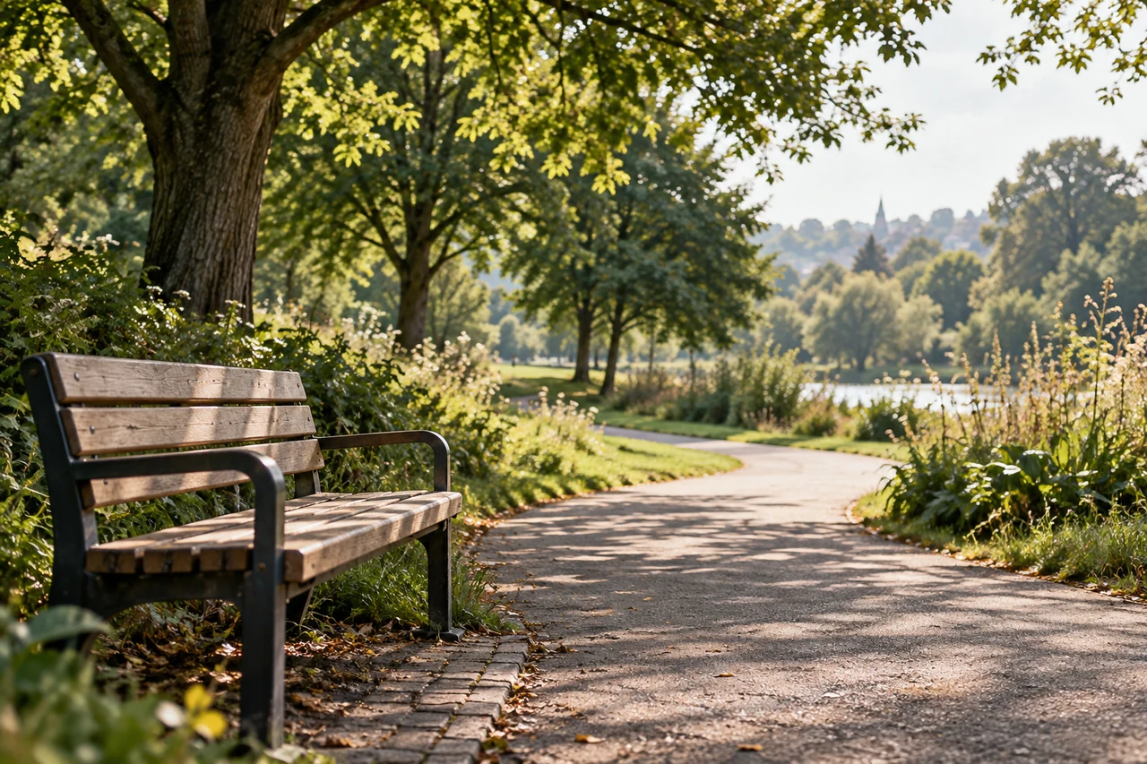 Illustrative peaceful green space with an accessible walking path and bench.