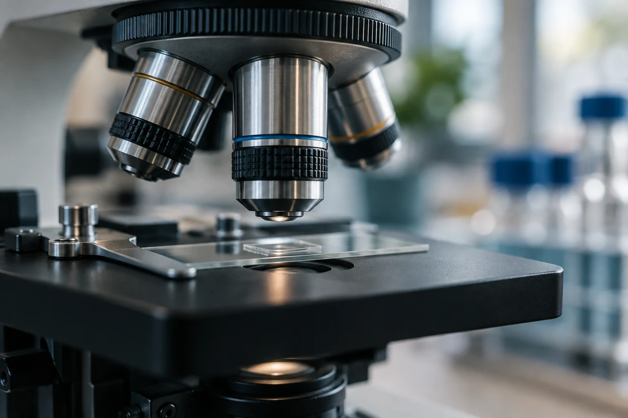 Illustrative close-up of microscope lenses and a glass slide on a research bench.